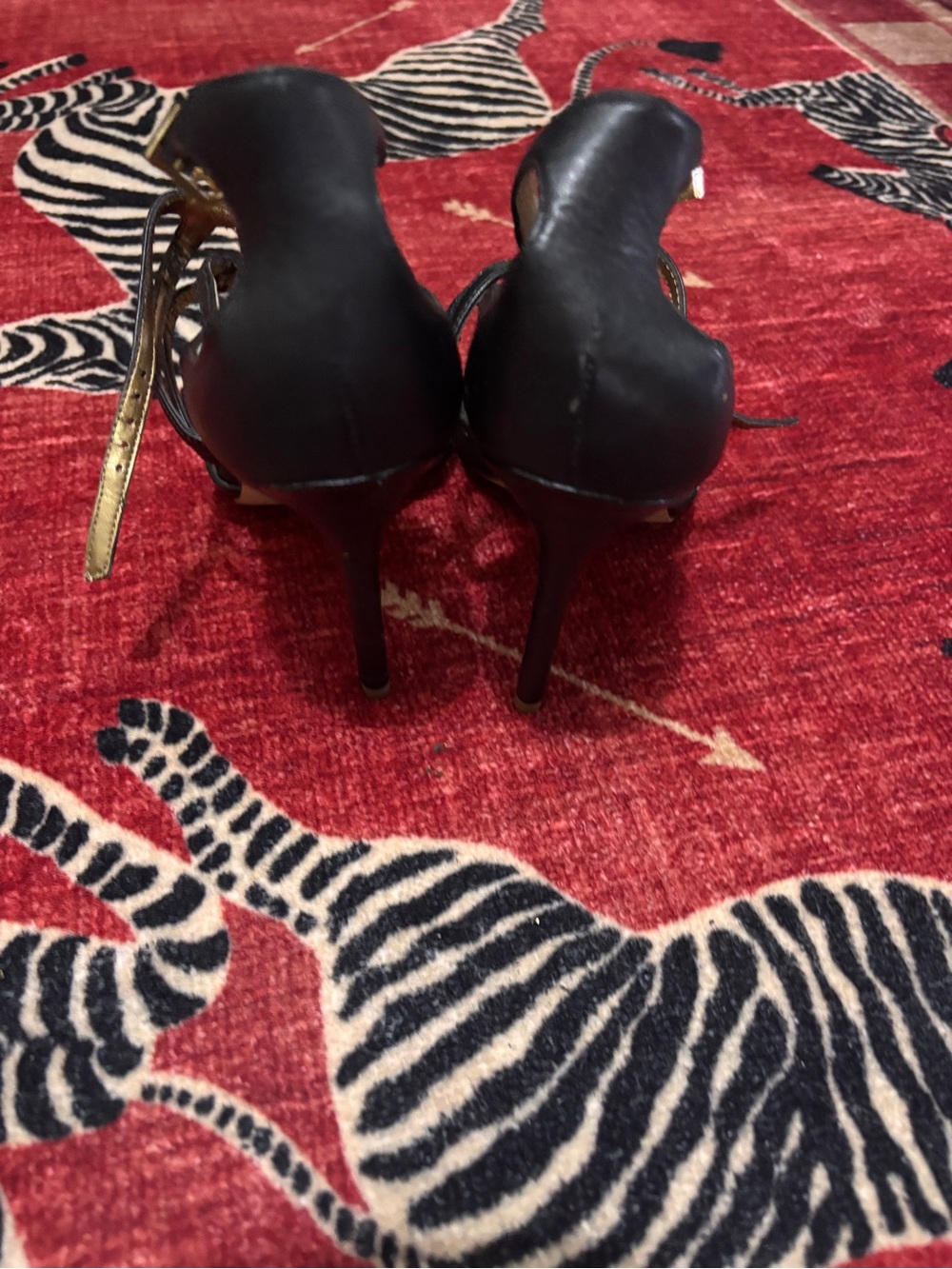 Sam Edelman Black Patent Strappy Open-Toe Heels with Gold Buckle - Picture 3 of 4